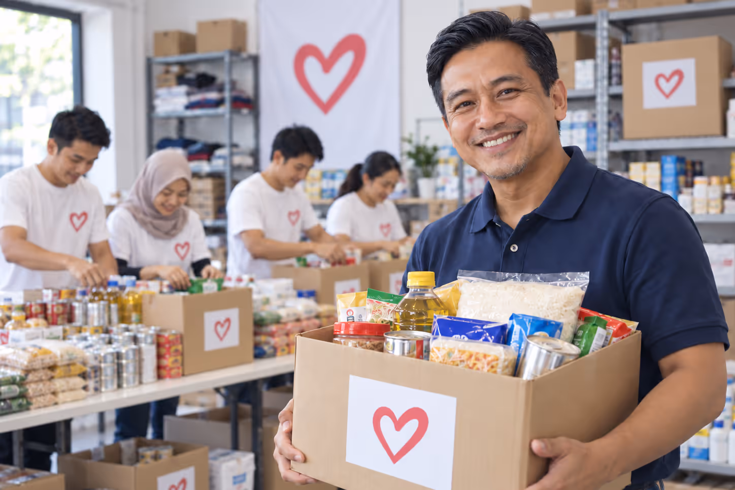 A smiling charity worker carries a box of donated food while volunteers pack more boxes behind him